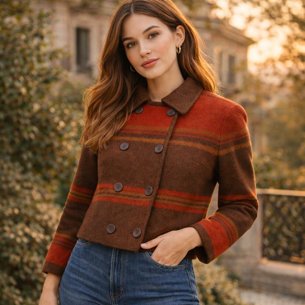 Talbots Petites SZ PS 100% Wool Brown Red Color Blocked Cropped Button Up Blazer - Picture 6 of 6